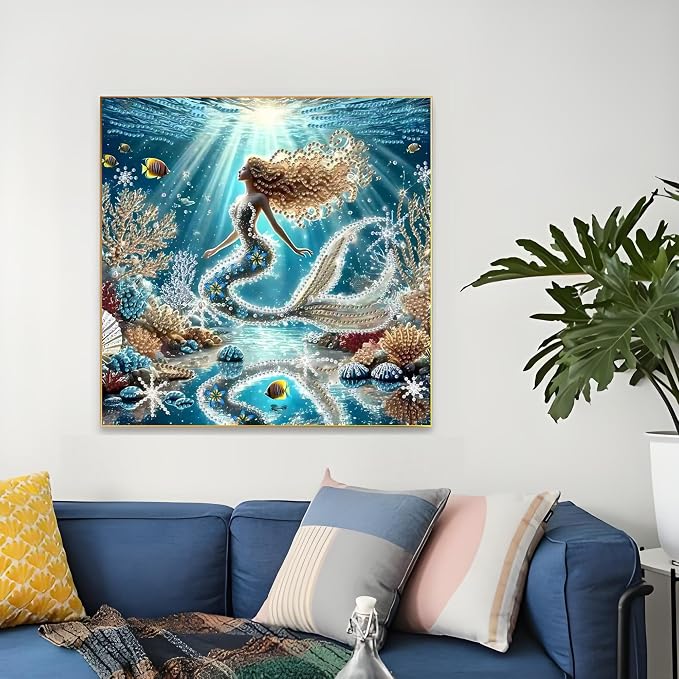 OJTOYART Sea-Maid Diamond Art Kits for Adults, 5D Special ShapeDiamond Art for Beginners，DIY Round Full Drill Diamond Dots,Gem Painting for Adults Crafts Home Wall Decor 11.8 x 11.8 Inch