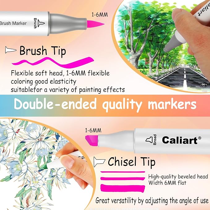 Caliart 168 Colors Alcohol Markers Brush Tip & Chisel, Dual Tip Art Markers | Colored Markers Set with Case for Adults Coloring Book Artists Sketch Illustration, Permanent Pens Art Supplies Drawing Gifts