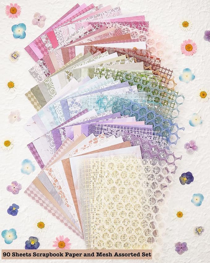 90 Sheets Scrapbook Paper and Decorative Mesh Fabric Assorted Set - 6 Pack Mixed Special Paper for Scrapbooking Planner Bullet Junk Journal Supplies Mixed Media Collage Card Embellishment 5.1x7 Inch