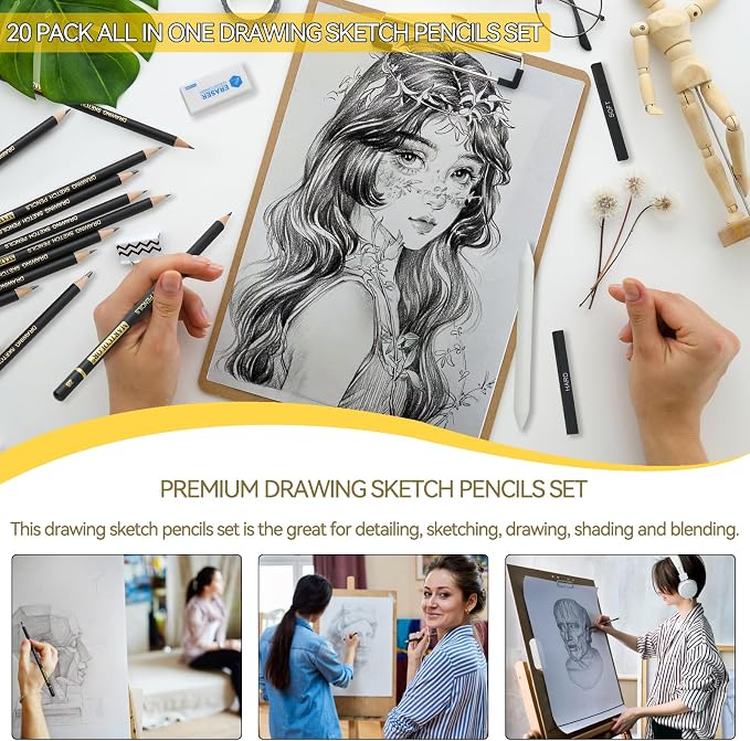 MARTCOLOR Drawing Sketching Pencil Set, 20 Pack Graphite Pencils (14B-4H) | Charcoal Sticks, Stump, Eraser, Sharpeners, Ideal for Drawing Art, Sketching, Artist Pencils for Beginners & Pro Artists