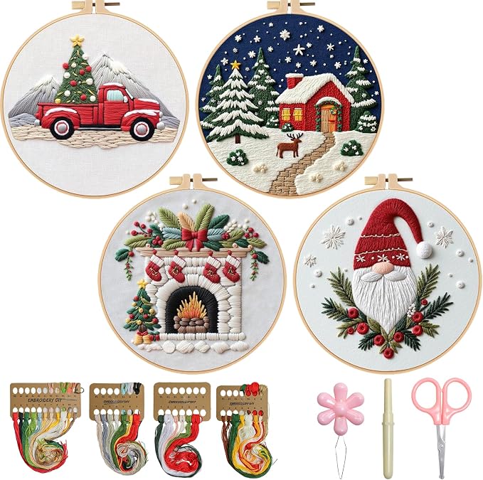 BBLYBD Christmas Embroidery Kit, 4 Set Embroidery DIY Starter Kit, Cross Stitch Kits with Pre-Printed Embroidery Fabric, Hoops, Step-by-Step Instructions, Color Threads & Needles (Christmas-4 Set)