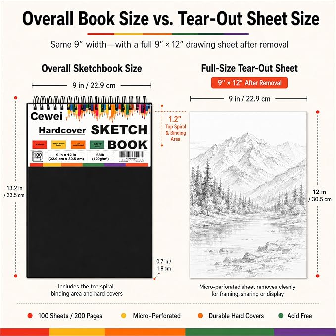 Cewei 9" x 12" Sketch Book, Spiral Bound Sketchbook, 100 Sheets_68lb/100gsm | Thick Drawing Paper Pad, Art Sketch Pad for Kids, Artist Sketchbook for Drawing, Illustration & Art Supplies for Kids 9-12