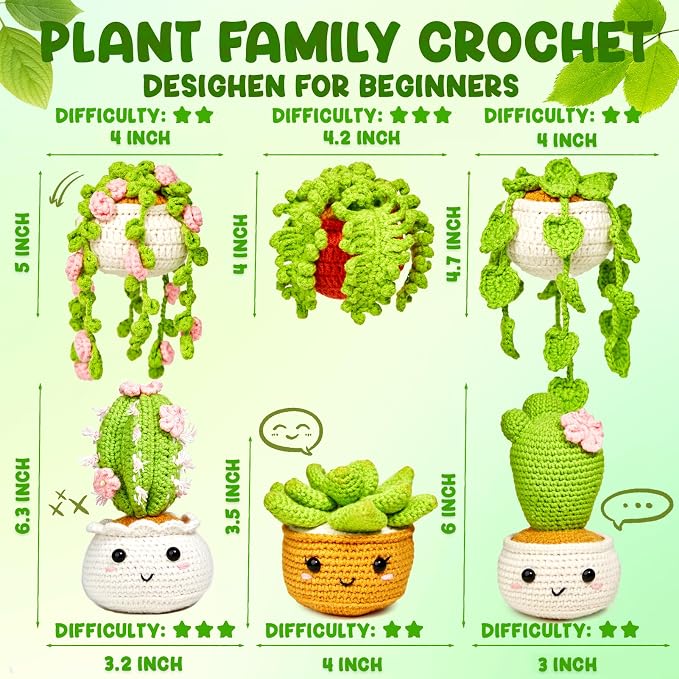MAGIMUSE Crochet Kit for Beginners, Crochet Starter Kits, Amigurumi Craft Knitting Crocheting Kits with Step-by-Step Video Tutorials, 6 Pack Hanging Potted Plants Family(40%+ Yarn)