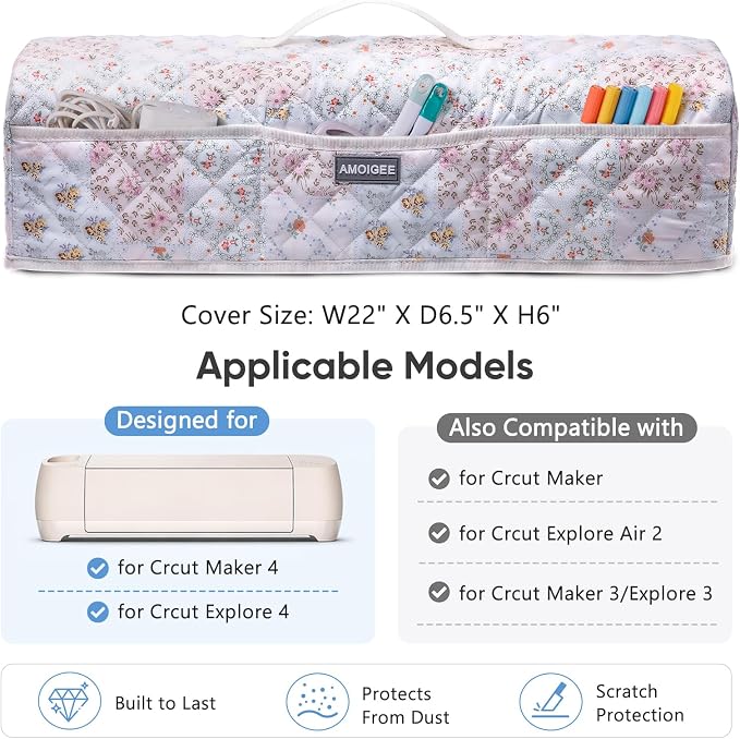 AMOIGEE Dust Cover for Cricuttt Maker 4 & Explore 4/3, Maker 3, Air 2, Quilted Protective Cover with Storage Pockets for Cutting Machine, Floral Fabric Anti-Dust Cover for Craft Machine Organizer