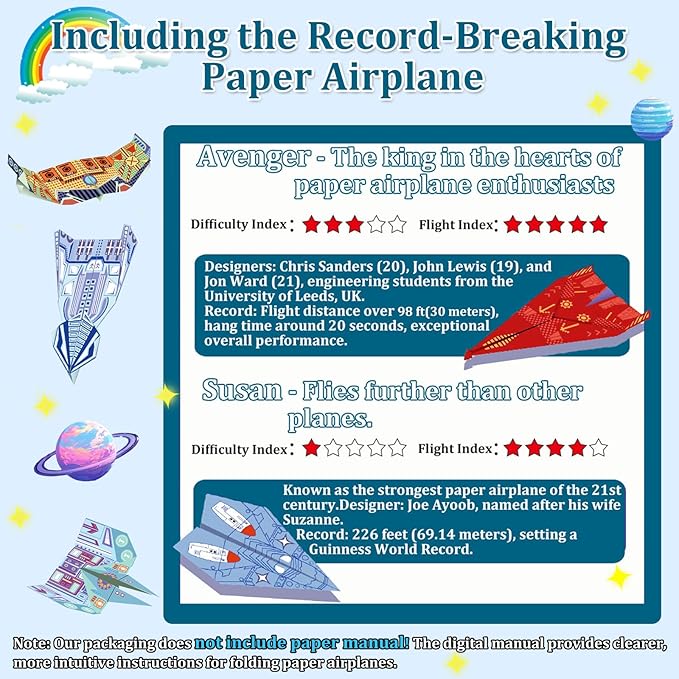 Paper Airplane Kits with 16 Classic Designs, 32 Sheets of Colorful Origami Paper, World Record Paper Planes, Craft Kit for Kids, Airplane Gifts for Boys and Girls Ages 6-12+ (Digital Manual Only)