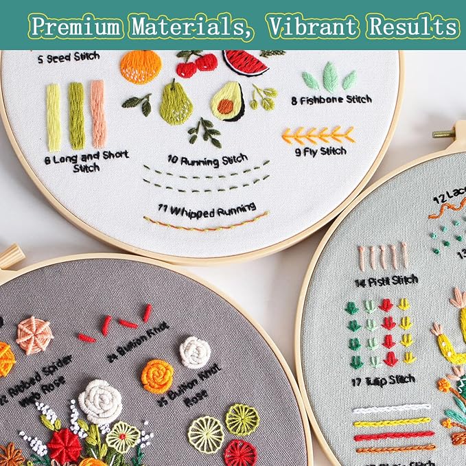 Meyocky Embroidery Kit for Beginners to Learn 31 Basic Stitches, HD Videos | 4-Piece Beginner Embroidery Kit for Adults, Starter Practice, Pre-Printed Patterns, Step-by-Step Guide, Craft Lover Gift