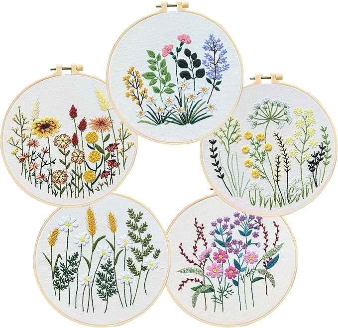 COCOMOX Floral Embroidery Kits for Beginners Adults, Cross Stitch Kits | 5 Different Simple Flower Pattern Embroiery Practice Kits, Hand Carft Gift, Easy to Follow