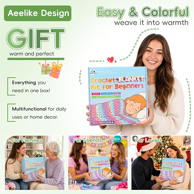 Aeelike Crochet Blanket Kit for Beginners, Easy Blanket Crochet Kits, Green