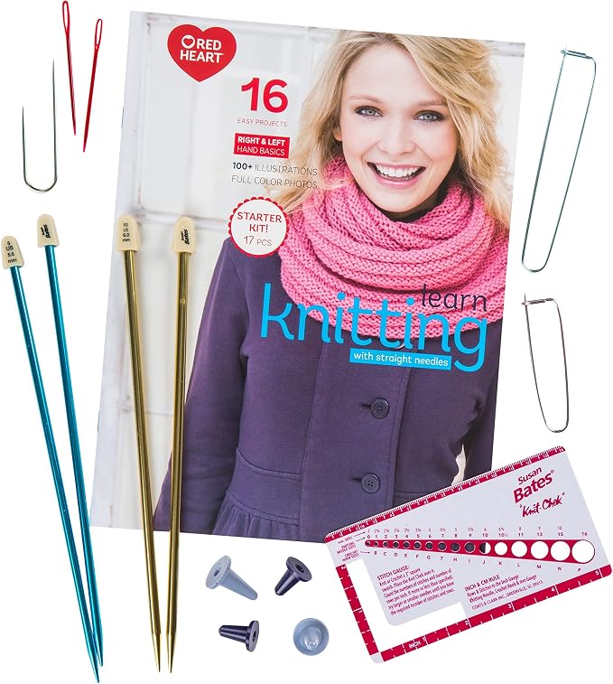 Red Heart Knitting Kit for Beginners, My Knitting Teacher, 17-Piece Set