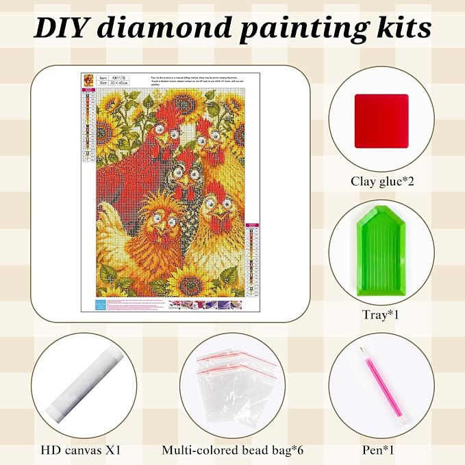 Diamond Painting Kit for Adults,Chicken Sunflower Diamond Art Kits 12x16In | 5D Full Round Drill Flower Animal Gem Painting Paint by Diamonds Relaxing DIY Craft for Home Wall Decor