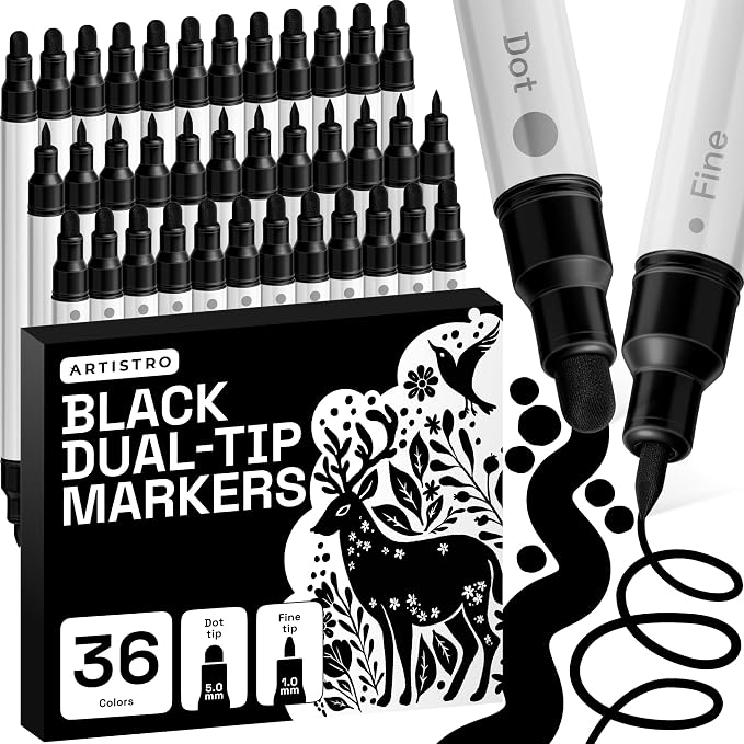 ARTISTRO Black Dual-Tip Acrylic Paint Marker Pens - Set of 36 | For Fabric, Rock, Glass, Wood, & Coloring Books, Arts & Crafts Gift, Classroom Must Haves & School Supplies (Dot & Fine Tips)