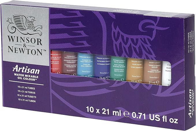 Winsor & Newton Artisan Water Mixable Oil Paint Set, 10 x 21ml Tubes | Clean with water; no solvents needed. Color depth, lightfastness, opacity/transparency are the same as traditional oils.