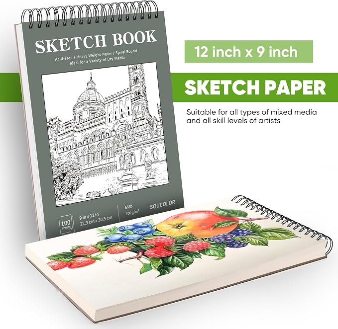 Soucolor Sketch Book 9x12, Drawing Paper Pad 68lb/100gsm Acid-Free | 100 Sheets,Top Spiral Sketchbook for Kids Adults, Art Supplies Sketch Pad for Drawing Illustration College Essentials
