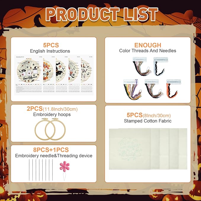 ElasignShopo 5 Sets Halloween Embroidery Kit for Adult Beginners Pumpkin Bat Embroidery Starter Kit Halloween Cross Stitch Kits Needlepoint Kits Includes Instruction 2 Hoops Color Threads Needles