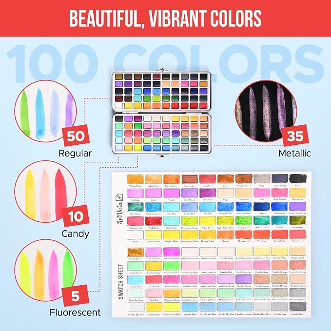 Premium Watercolor Paint Set Bundle with 100 Vibrant Colors for Adults | For Beginners & Professional – Painting Kit & Art Supplies for Adults – Portable Watercolor Set with Paper Pad & Brushes