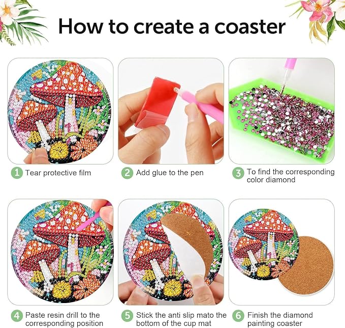 8 Pcs Diamond Art Coasters Kits, Mushroom Diamond Painting Coasters Kits