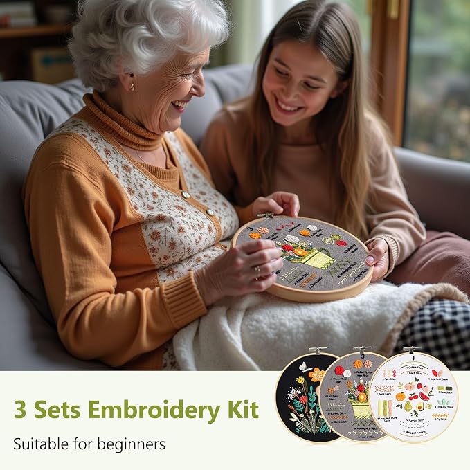 Santune 3 Pack Beginner Embroidery Kits for Adults DIY Starter Kit with 33 Stitch Techniques, Stamped Patterns, Embroidery Hoop, Colorful Threads,Stitch Video Tutorial