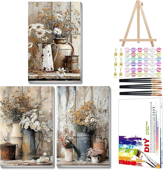 Mandun Farmhouse Paint by Numbers Kit for Adults,3 Pack, 7.8x11.8 inch | DIY Painting Kits Crafts for Adults, Relieve Stress, Frame Canvas, Wooden Easel, Gift Box, Home Wall Decor