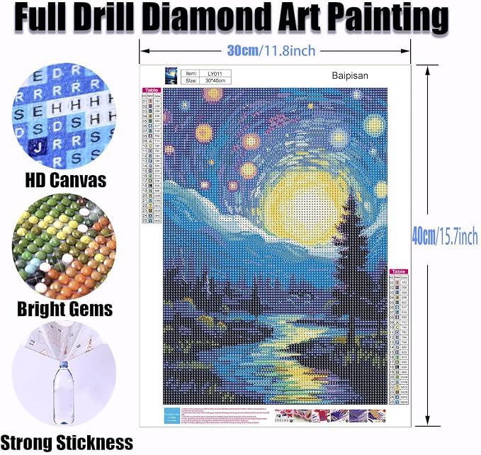Baipisan Starry Night Diamond Art Painting Kits for Adults, Full Drill Diamond Dots Paintings for Beginners, Round 5D Paint with Diamonds Pictures Gem Art Painting Kits DIY Crafts Kits 12x16inch