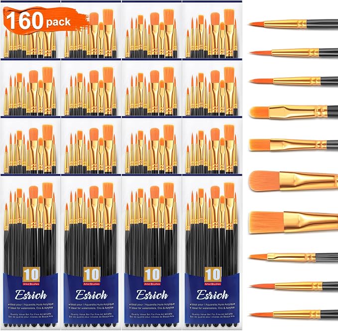ESRICH 160PCS Paint Brushes, Paint Brush for Acrylic Painting | Artist Paintbrushes for Oil Watercolor, Body Face Rock Canvas, Small Paint Brushes for Kids, Black