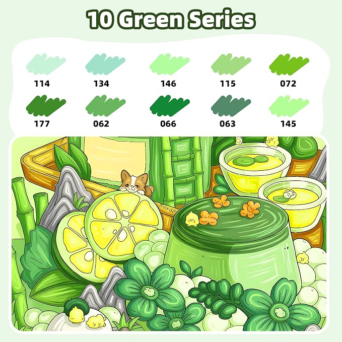 LIULIUCAI 10 Green Dual Markers, Fine & Brush Tip Pen for Adult Coloring
