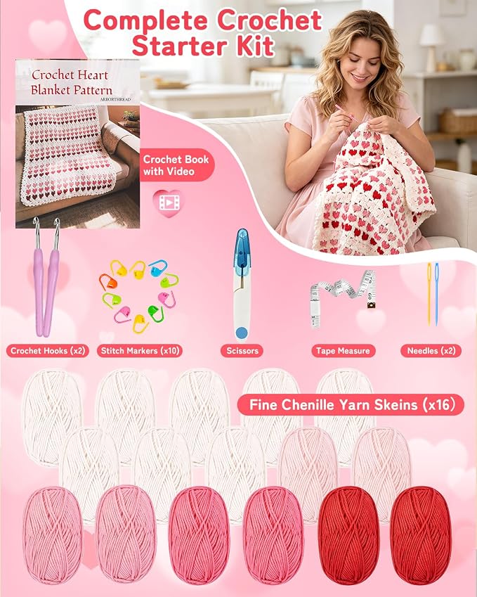 Arborthread Blanket Crochet Kit for Beginners, Crochet Heart Blanket Kit with Soft Chenille Yarns, Detailed Video & Instructions for Adults & Kids – Featuring a Heart Pattern & Edging, Pink