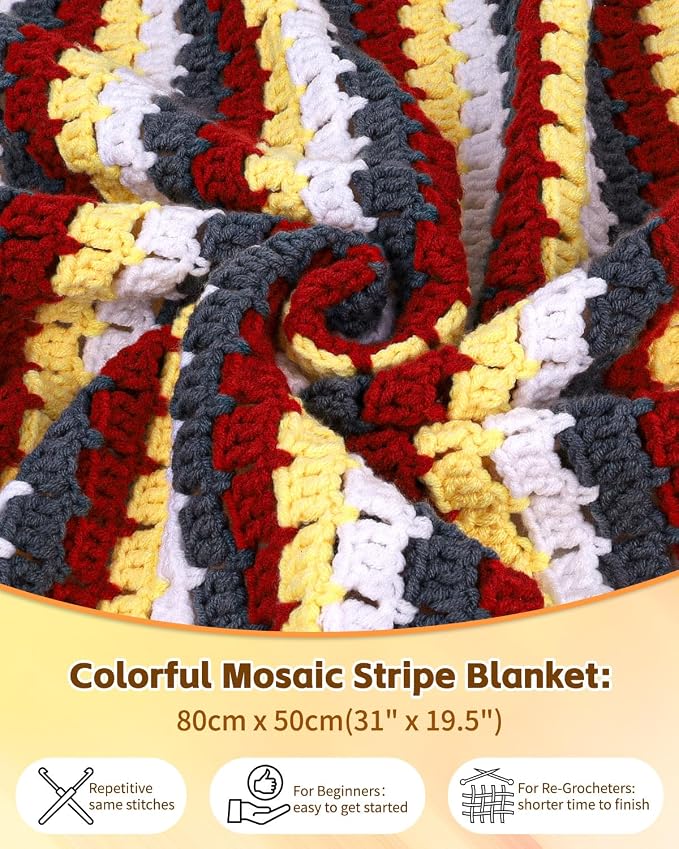 Aeelike Crochet Blanket Kit for Beginners, Colorful Mosaic Stripe,42PCS