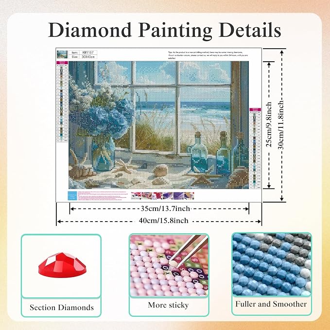 CHWGLFGG 5D Beach Window Diamond Art Kits for Adults Beginners 12x16in | Blue Hydrangea Flower Diamond Painting Kit DIY Full Round Drill Paint by Diamonds Dot Gem Art for Adult, Home Wall Decor