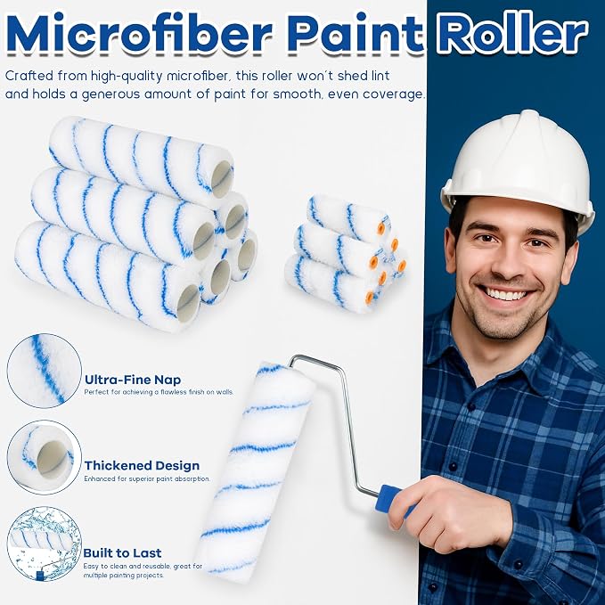 Paint Roller Kit with Extension Pole 28 Piece Set, 4" 9" Paint Roller with Tray, Paint Brushes Set for Professional Painting, House Wall Ceiling Painting Supplies for All Latex and Oil Paints Stains