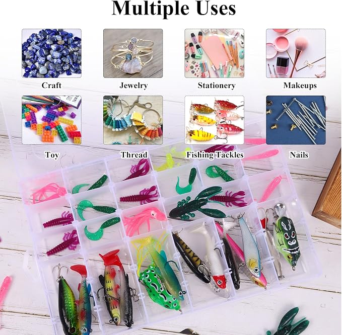 Bead Organizer Storage 4 Pack 36 Grid Jewelry Tackle Craft Box Adjustable | Clear Plastic, Adjustable Dividers, Label Stickers Included, for Beads Jewelry Crafts Fishing Tackle and Small Parts