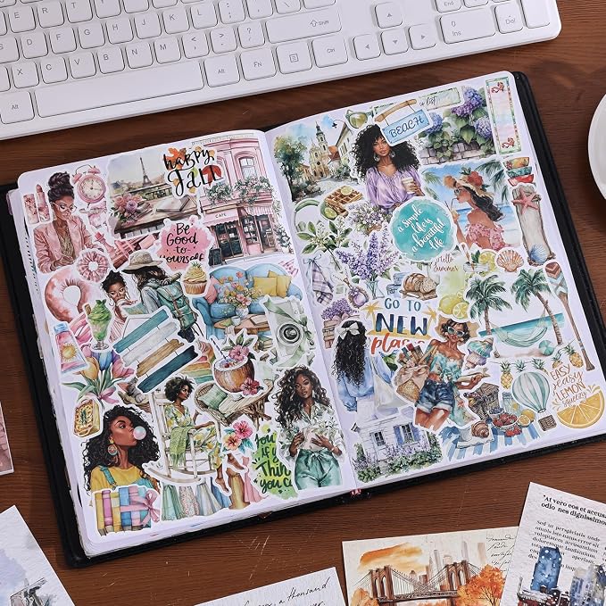 Black Girl Sticker Book of Four Seasons - 24 Pages Hand Drawn Waterproof Vinyl Stickers for Journals, Planners, Scrapbooking, Laptop & Water Bottles - Melanin Power Aesthetics Gift Ideas for Women