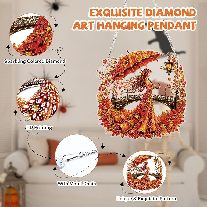 Bowetile Fall Diamond Art Hanging Kits for Adults, Autumn Diamond Art Suncatchers Lady, 5D Special Shape Maple Leaf Diamond Painting Pendant Window Ornament Gifts for Home Door Wall Decor