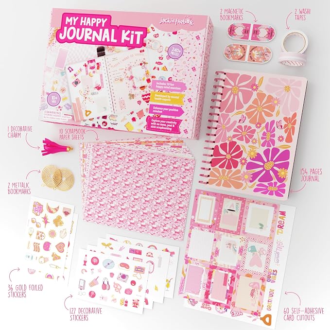 jackinthebox Happy Journal Kit for 8-12 Year Old Girls, Craft Scrapbook Set