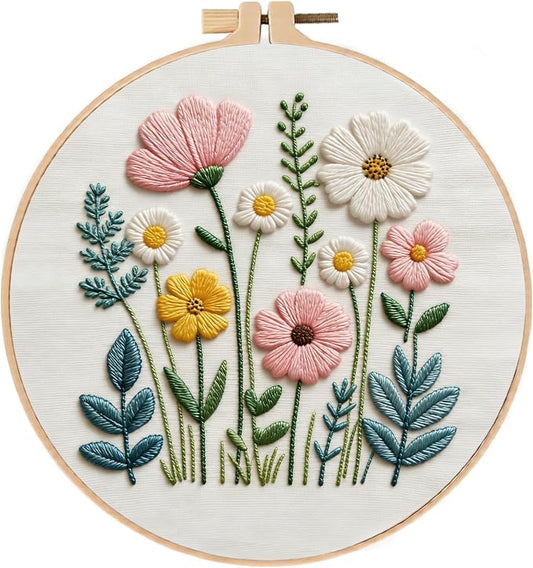 Embroidery Kit for Beginners & Adults Starter Kit, Cross Stitch Kits,DIY Hand Embroidery Needlepoint Set with Hoop, Pre-Printed Fabric, Threads and Instructions (Flower)