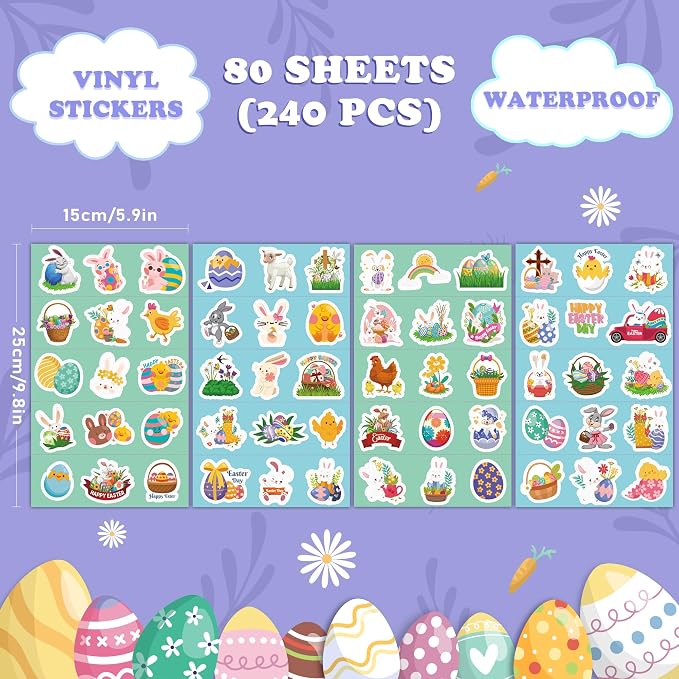 OHOME Easter Stickers for Kids - 240 PCS Easter Basket Stuffers for Boys Girls Teens Adults | Vinyl Egg Bunny Gifts Decorations Toys - Kids Easter Games Crafts Activities Party Favors