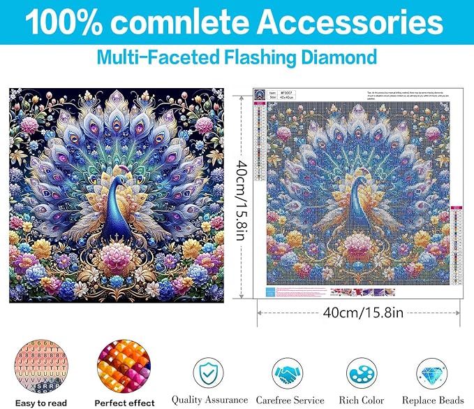 Square Drill Diamond Painting Peacock Diamond Art Square Drills 16x16in | 5D Square Diamond Painting Kits for Adults, Colorful Peacock Diamond Art Square Gems DIY Kits for Home Wall Decor Gifts