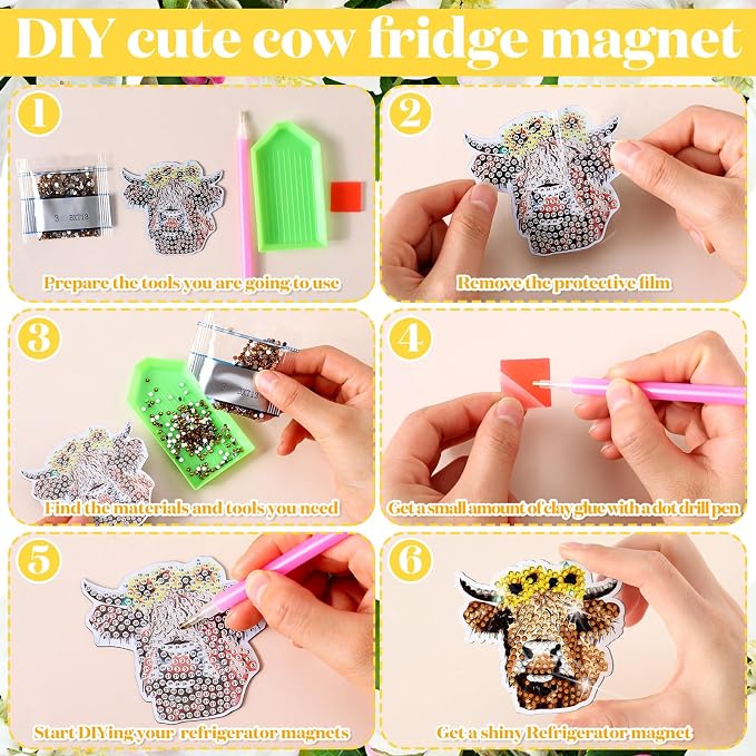 Remuuly 30 Pcs Highland Cow Diamond Painting Magnets Diamond Art Magnet Kit | Cow Diamond Art Kits for Adults, Refrigerator Magnet, 5D Rhinestone Fridge Magnetic Sticker, Diamond Club Gifts, DIY Crafts