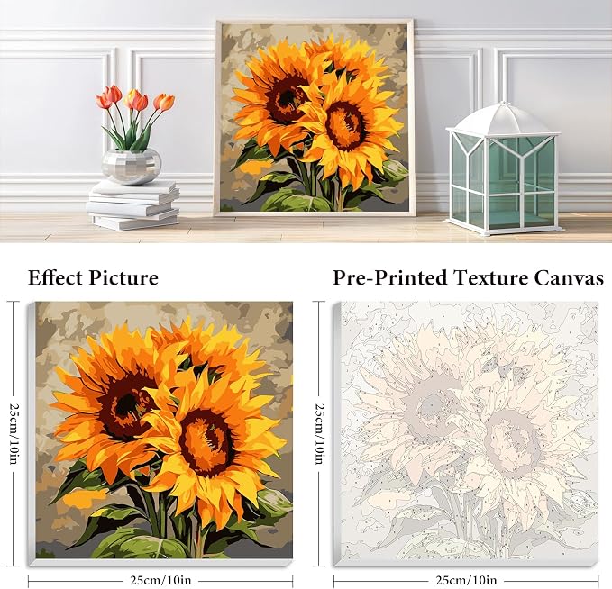 Fountor Framed Paint by Numbers Kit for Adults Beginner & Kids Ages 8-12, Sunflower Paint by Number with Frame, Easy Acrylic Watercolor Sunflower Painting by Numbers Kit on Canvas 10x10 inch