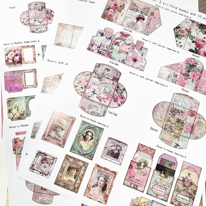 ZHIJIANHZ Junk Journal Kit Pink Romantic Ephemera Set for Scrapbooking