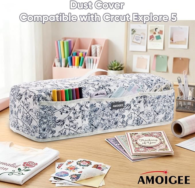 AMOIGEE Dust Cover for Latest Cutting Machine Cricuttt Explore 5, Quilted Protective Cover with Storage Pockets for Cutting Machine, Floral Fabric Anti-Dust Cover for Craft Machine Organizer