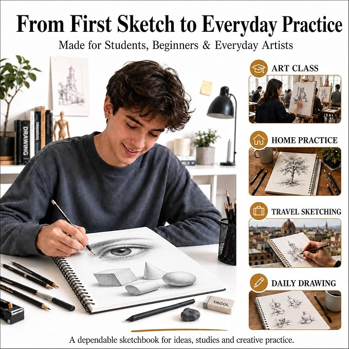 Yagol Sketch Book 9"x12", Spiral-Bound Sketchbook, 68lb/100gsm, 100 Sheets | Sketch Pads for Drawing for Adults, Students & Beginners; Acid-Free Drawing Paper for Art Class, School, Home & Daily Drawing