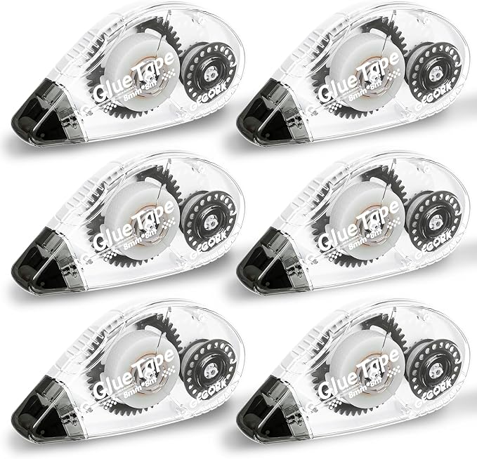 Gecork Double Sided Glue Tape Roller 156 ft Total, 6-Pack, Grey | 0.3 in x 26 ft Quick-Dry Tape Runner, Strong Adhesive & Lasting Bond, For Scrapbooks, Journals, Office, School Arts & Crafts