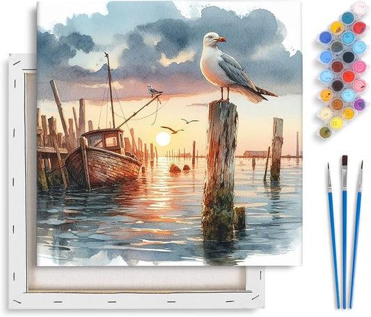 Seagull Framed Paint by Numbers Kit for Adults Beginner & Kids Ages 8-12 | With Frame Canvas 10x10 inch, DIY Acrylic Painting by Numbers Sunset, Stress Relief Craft Kits, Home Wall Decor Gift
