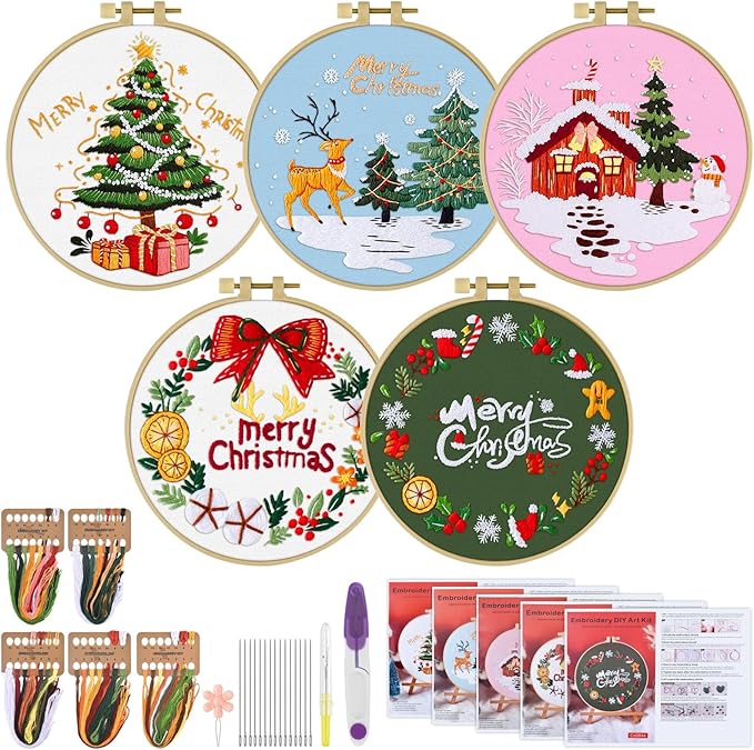 ERKOON 5 Sets Embroidery Kit for Beginners, Christmas Cross Stitch Set with Easy Pattern Embroidery Cloth Hoops Threads for Craft Lover Hand Stitch