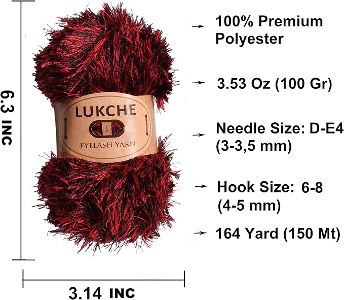 Eyelash Fun Fur Yarn Premium 100% Polyester 164 Yds (150 Mt), 3.53 Oz (100 Gr) Colorful Crochet Yarn Dıy Hand Knitting. (Black Red, 1 Skein)