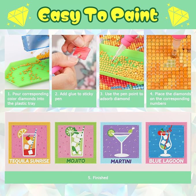 ICYANART 4 Set Cocktail Diamond Art Kits Diamond Art Paintings Gem Painting | Cocktail Diamond Painting Kits for Adults Beginners, Small Diamond Art Kits for Gift and Home Wall Decor 6x6inch