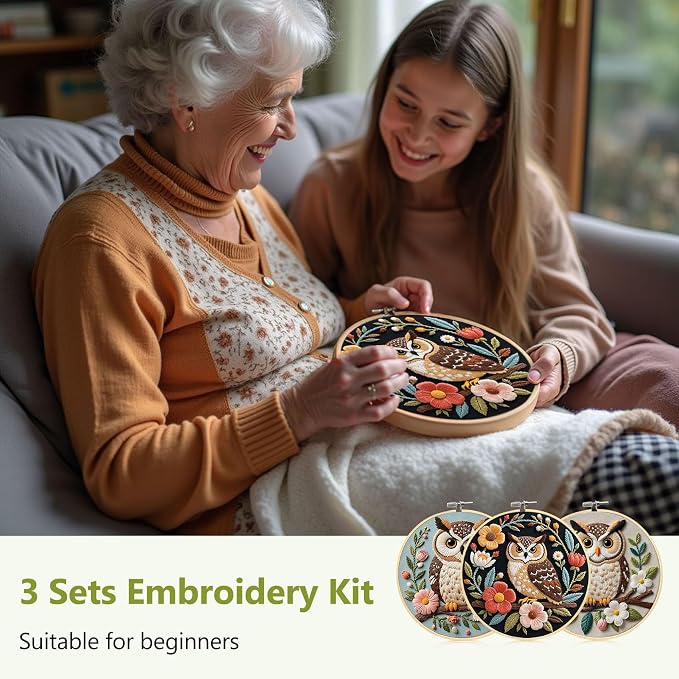 Santune Embroidery Kit for Beginners Needlepoint Cross Stitch Kits Adult Needle Point Sets with Owl Embroidery Patterns, Includes Step-By-Step Instructions and Accessories