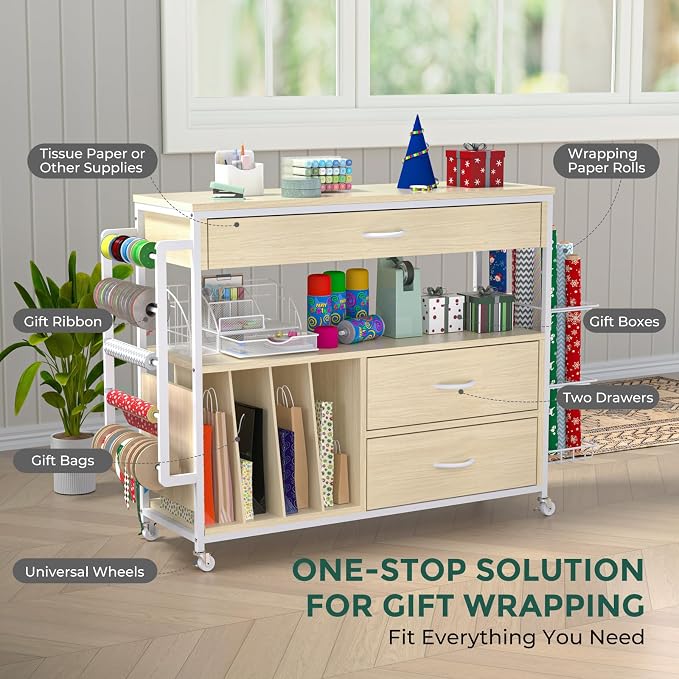 Wrapping Paper Storage & Organizer, Craft Cart with Ribbon & Gift Bag Storage, Wrapping Paper Organizer Holder(3 Wooden Drawers- Oak)
