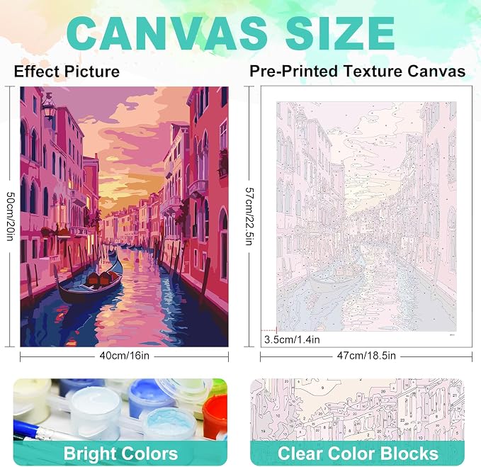 GEEHEIY Paint by Numbers Kit for Adults, Venice Canal Sunset, 16 x 20 Inch | DIY Adult Paint by Number Kit on Canvas for Beginners, without Frame, Colorful Cityscape Wall Decor, Stress Relief Craft Gift
