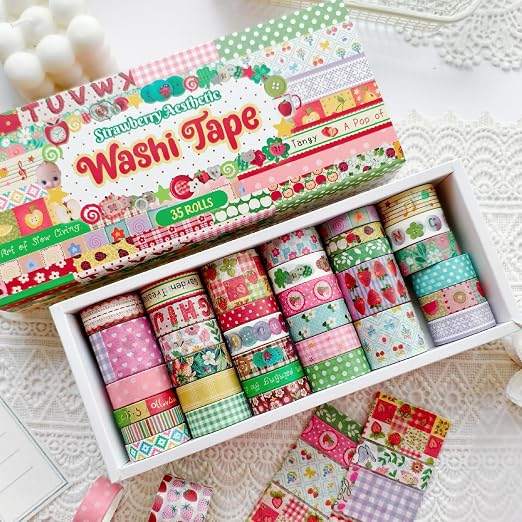 35 Rolls Strawberry Farm Washi Tape Set, Cute Fruits Decorative Scrapbook Tape and Journaling Supplies for DIY Crafts, Bullet Journals, Gift Wrapping